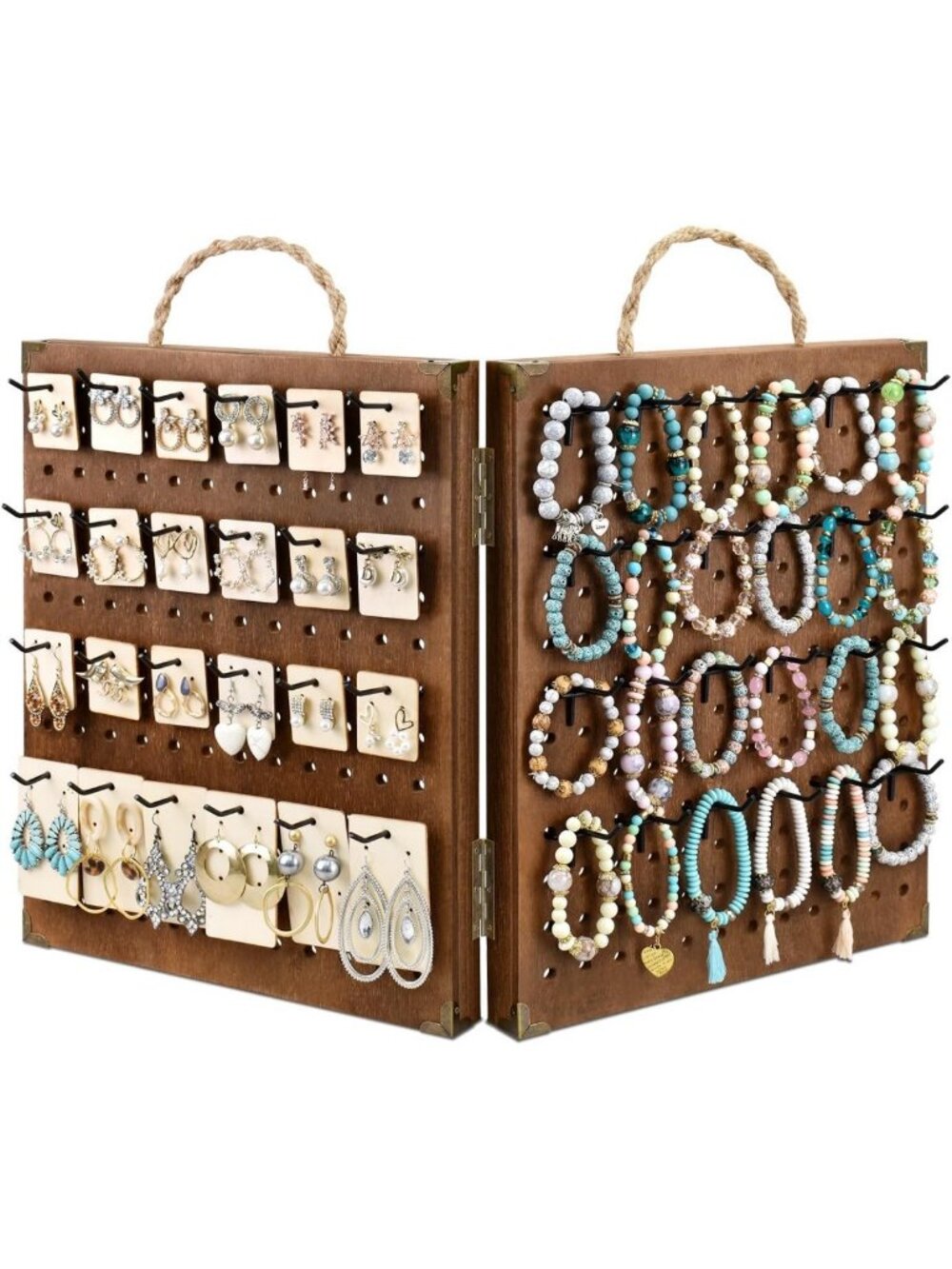 Foldable Wooden Jewelry Display with 48 Hooks - Stylish & Space-Saving Organizer